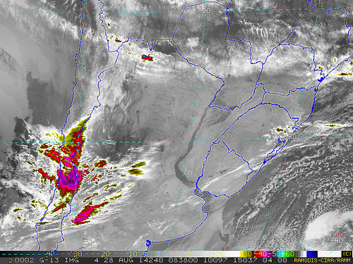 Imagem do satélite GOES 13/NOAA/EUA – Canal do Infravermelho + realce – dia 28/08/2014 – Hora local: 05:40 – Sul do Brasil