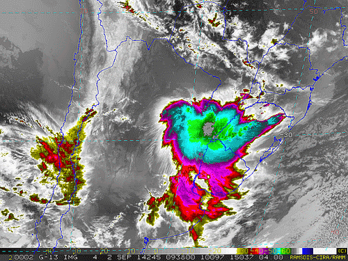 Imagem do satélite GOES 13/NOAA/EUA – Canal do Infravermelho + realce – dia 02/09/2014 – Hora local: 06:40 – Sul do Brasil