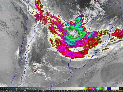 Imagem do satélite GOES 13/NOAA/EUA – Canal do Infravermelho + realce – dia 18/09/2014 – Hora local: 05:40 – Sul do Brasil