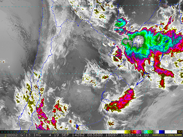 Imagem do satélite GOES 13/NOAA/EUA – Canal do Infravermelho + realce – dia 19/09/2014 – Hora local: 05:40 – Sul do Brasil