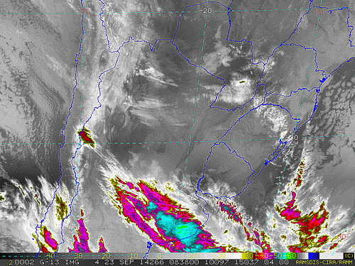 Imagem do satélite GOES 13/NOAA/EUA – Canal do Infravermelho + realce – dia 23/09/2014 – Hora local: 05:40 – Sul do Brasil
