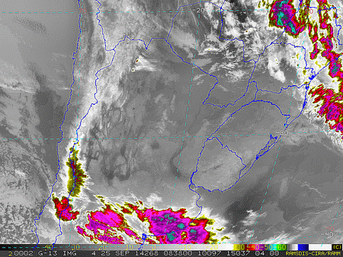 Imagem do satélite GOES 13/NOAA/EUA – Canal do Infravermelho + realce – dia 25/09/2014 – Hora local: 05:40 – Sul do Brasil