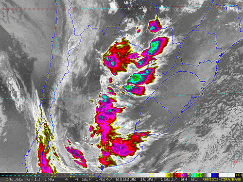 Imagem do satélite GOES 13/NOAA/EUA – Canal do Infravermelho + realce – dia 04/09/2014 – Hora local: 05:10 – Sul do Brasil