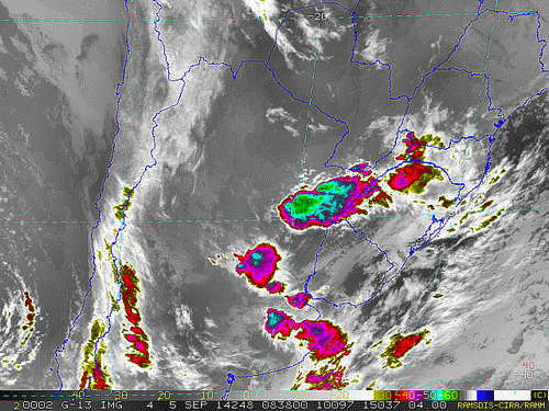Imagem do satélite GOES 13/NOAA/EUA – Canal do Infravermelho + realce – dia 05/09/2014 – Hora local: 05:40 – Sul do Brasil
