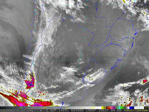 Imagem do satélite GOES 13/NOAA/EUA – Canal do Infravermelho + realce – dia 08/09/2014 – Hora local: 05:40 – Sul do Brasil