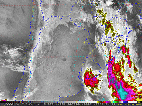 Imagem do satélite GOES 13/NOAA/EUA – Canal do Infravermelho + realce – dia 15/09/2014 – Hora local: 06:40 – Sul do Brasil