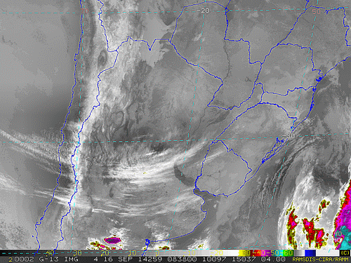 Imagem do satélite GOES 13/NOAA/EUA – Canal do Infravermelho + realce – dia 16/09/2014 – Hora local: 05:40 – Sul do Brasil