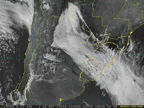 Imagem do satélite GOES 13/NOAA/EUA – Canal do Visível – dia 10/09/2014 – Hora local: 10:40 – Sul do Brasil