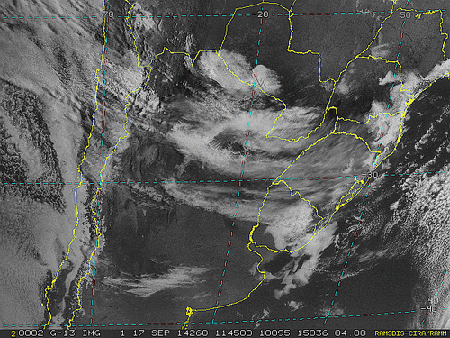 Imagem do satélite GOES 13/NOAA/EUA – Canal do Visível – dia 17/09/2014 – Hora local: 08:45 – Sul do Brasil