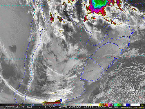 Imagem do satélite GOES 13/NOAA/EUA – Canal do Infravermelho + realce – dia 02/10/2014 – Hora local: 05:40 – Sul do Brasil