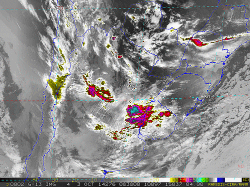 Imagem do satélite GOES 13/NOAA/EUA – Canal do Infravermelho + realce – dia 03/10/2014 – Hora local: 05:40 – Sul do Brasil