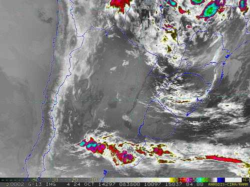 Imagem do satélite GOES 13/NOAA/EUA – Canal do Infravermelho + realce – dia 24/10/2014 – Hora local: 06:40 – Sul do Brasil
