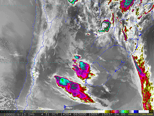 Imagem do satélite GOES 13/NOAA/EUA – Canal do Infravermelho + realce – dia 31/10/2014 – Hora local: 06:40 – Sul do Brasil