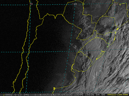 Imagem do satélite GOES 13/NOAA/EUA – Canal do Visível – dia 06/10/2014 – Hora local: 06:40 – Sul do Brasil