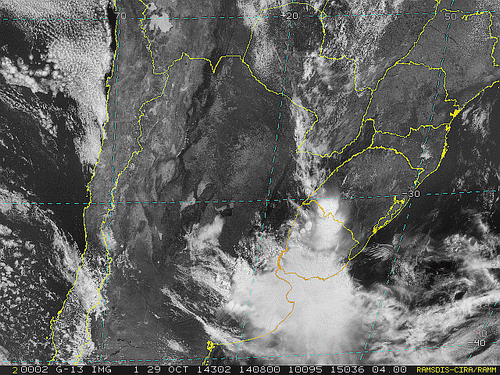Imagem do satélite GOES 13/NOAA/EUA – Canal do Visível – dia 29/10/2014 – Hora local: 12:10 – Sul do Brasil