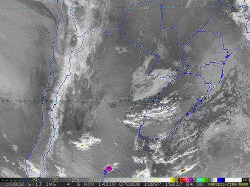 Imagem do satélite GOES 13/NOAA/EUA – Canal do Infravermelho + realce – dia 06/11/2014 – Hora local: 05:10 – Sul do Brasil