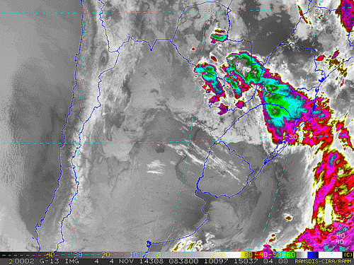 Imagem do satélite GOES 13/NOAA/EUA – Canal do Infravermelho + realce – dia 04/11/2014 – Hora local: 06:40 – Sul do Brasil