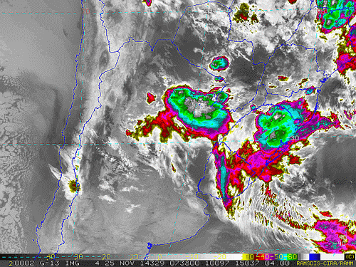 Imagem do satélite GOES 13/NOAA/EUA – Canal do Infravermelho + realce – dia 25/11/2014 – Hora local: 05:40 – Sul do Brasil.
