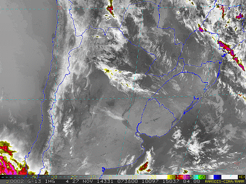 Imagem do satélite GOES 13/NOAA/EUA – Canal do Infravermelho + realce – dia 27/11/2014 – Hora local: 05:40 – Sul do Brasil