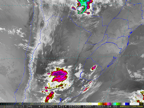 Imagem do satélite GOES 13/NOAA/EUA – Canal do Infravermelho + realce – dia 10/11/2014 – Hora local: 06:40 – Sul do Brasil