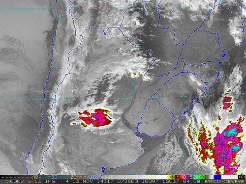 Imagem do satélite GOES 13/NOAA/EUA – Canal do Infravermelho + realce – dia 13/11/2014 – Hora local: 05:40 – Sul do Brasil