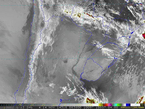 Imagem do satélite GOES 13/NOAA/EUA – Canal do Infravermelho + realce – dia 14/11/2014 – Hora local: 06:40 – Sul do Brasil