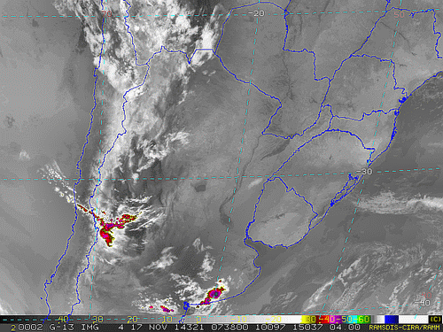 Imagem do satélite GOES 13/NOAA/EUA – Canal do Infravermelho + realce – dia 17/11/2014 – Hora local: 05:40 – Sul do Brasil