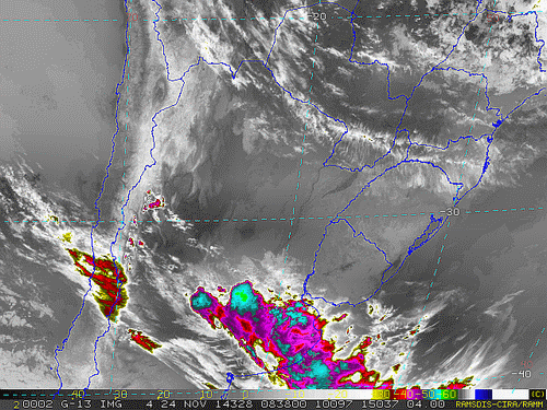Imagem do satélite GOES 13/NOAA/EUA – Canal do Infravermelho + realce – dia 24/11/2014 – Hora local: 06:40 – Sul do Brasil