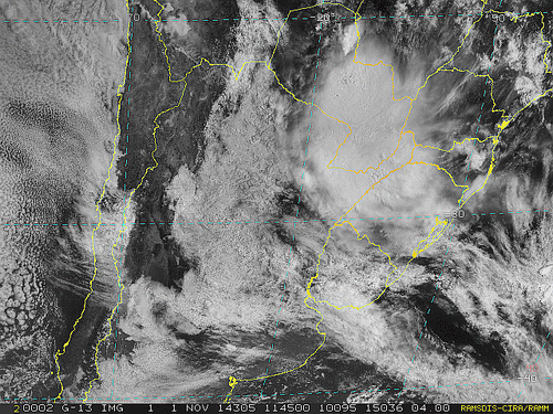 Imagem do satélite GOES 13/NOAA/EUA – Canal do Visível – dia 01/11/2014 – Hora local: 09:45 – Sul do Brasil