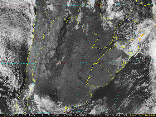 Imagem do satélite GOES 13/NOAA/EUA – Canal do Visível – dia 05/11/2014 – Hora local: 12:10 – Sul do Brasil