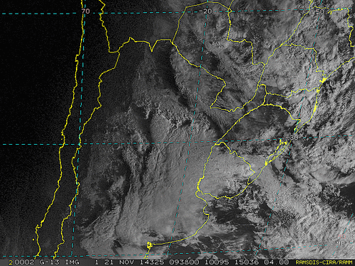 Imagem do satélite GOES 13/NOAA/EUA – Canal do Visível – dia 21/11/2014 – Hora local: 07:40 – Sul do Brasil