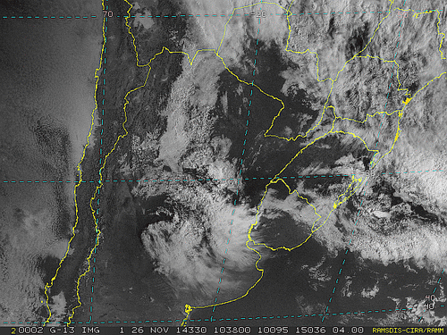 Imagem do satélite GOES 13/NOAA/EUA – Canal do Visível – dia 26/11/2014 – Hora local: 08:40 – Sul do Brasil