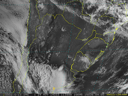 Imagem do satélite GOES 13/NOAA/EUA – Canal do Visível – dia 29/11/2014 – Hora local: 09:40 – Sul do Brasil