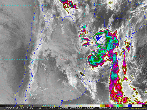 Imagem do satélite GOES 13/NOAA/EUA – Canal do Infravermelho + realce – dia 01/12/2014 – Hora local: 05:40 – Sul do Brasil