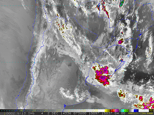 Imagem do satélite GOES 13/NOAA/EUA – Canal do Infravermelho + realce – dia 02/12/2014 – Hora local: 05:40 – Sul do Brasil