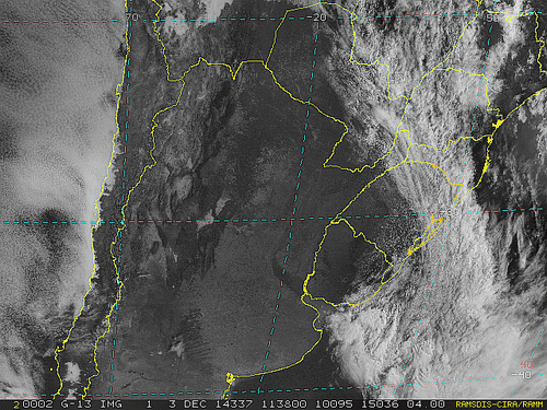 Imagem do satélite GOES 13/NOAA/EUA – Canal do Visível – dia 03/12/2014 – Hora local: 09:40 – Sul do Brasil