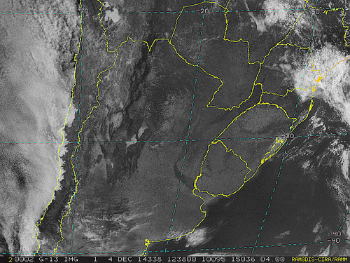 Imagem do satélite GOES 13/NOAA/EUA – Canal do Visível – dia 04/12/2014 – Hora local: 10:40 – Sul do Brasil