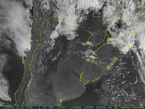 Imagem do satélite GOES 13/NOAA/EUA – Canal do Visível – dia 23/12/2014 – Hora local: 09:45 – Sul do Brasil.
