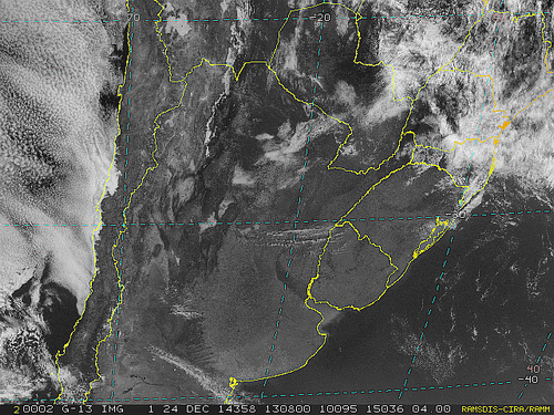 Imagem do satélite GOES 13/NOAA/EUA – Canal do Visível – dia 24/12/2014 – Hora local: 11:10 – Sul do Brasil.
