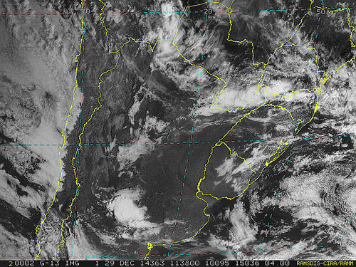 Imagem do satélite GOES 13/NOAA/EUA – Canal do Visível – dia 29/12/2014 – Hora local: 09:40 – Sul do Brasil.
