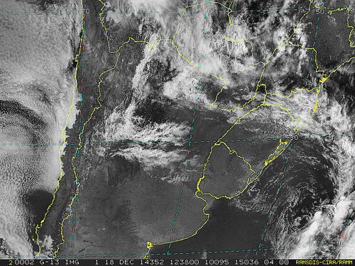 Imagem do satélite GOES 13/NOAA/EUA – Canal do Visível – dia 18/12/2014 – Hora local: 10:40 – Sul do Brasil.