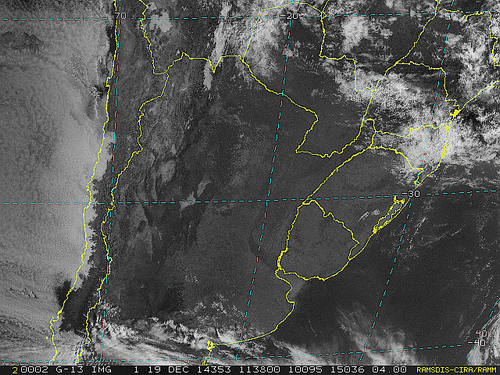 Imagem do satélite GOES 13/NOAA/EUA – Canal do Visível – dia 19/12/2014 – Hora local: 09:40 – Sul do Brasil