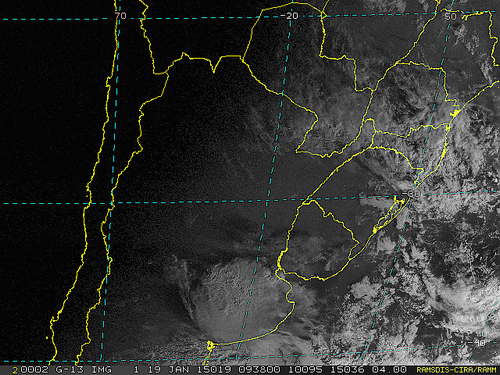 Imagem do satélite GOES 13/NOAA/EUA – Canal do Visível – dia 19/01/2015 – Hora local: 07:40 – Sul do Brasil.