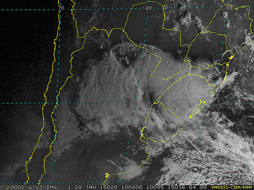 Imagem do satélite GOES 13/NOAA/EUA – Canal do Visível – dia 20/01/2015 – Hora local: 08:10 – Sul do Brasil.
