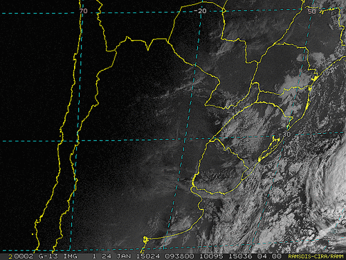Imagem do satélite GOES 13/NOAA/EUA – Canal do Visível – dia 24/01/2015 – Hora local: 07:40 – Sul do Brasil.