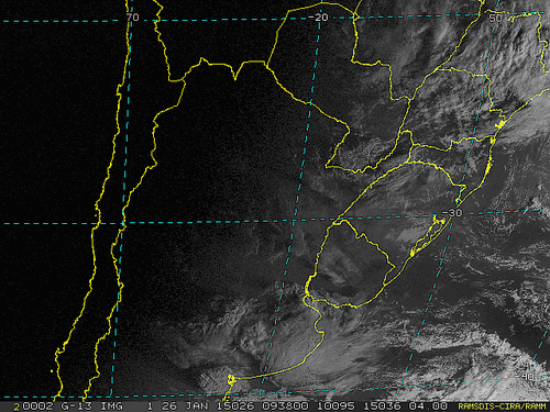 Imagem do satélite GOES 13/NOAA/EUA – Canal do Visível – dia 26/01/2015 – Hora local: 07:40 – Sul do Brasil.