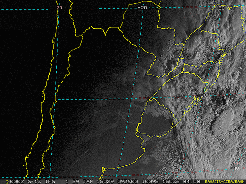 Imagem do satélite GOES 13/NOAA/EUA – Canal do Visível – dia 29/01/2015 – Hora local: 07:40 – Sul do Brasil.
