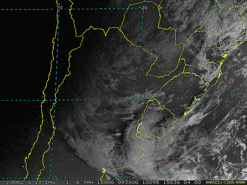 Imagem do satélite GOES 13/NOAA/EUA – Canal do Visível – dia 06/01/2015 – Hora local: 07:40 – Sul do Brasil.