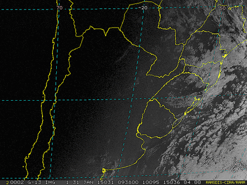 Imagem do satélite GOES 13/NOAA/EUA – Canal do Visível – dia 31/01/2015 – Hora local: 07:40 – Sul do Brasil.