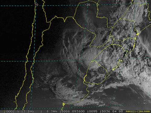 Imagem do satélite GOES 13/NOAA/EUA – Canal do Visível – dia 08/01/2015 – Hora local: 07:40 – Sul do Brasil.